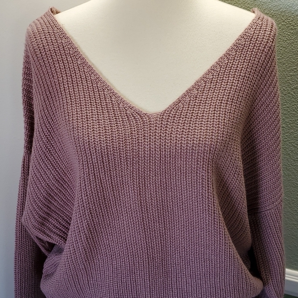 "Love Tree" Long-Sleeve Waffle Knit Sweater, with V-neck Front & Twisted Back - Picture 6 of 14
